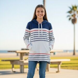 Lands' End Hoodie Sweatshirt Women's Size M Striped Nautical Pullover Preppy
